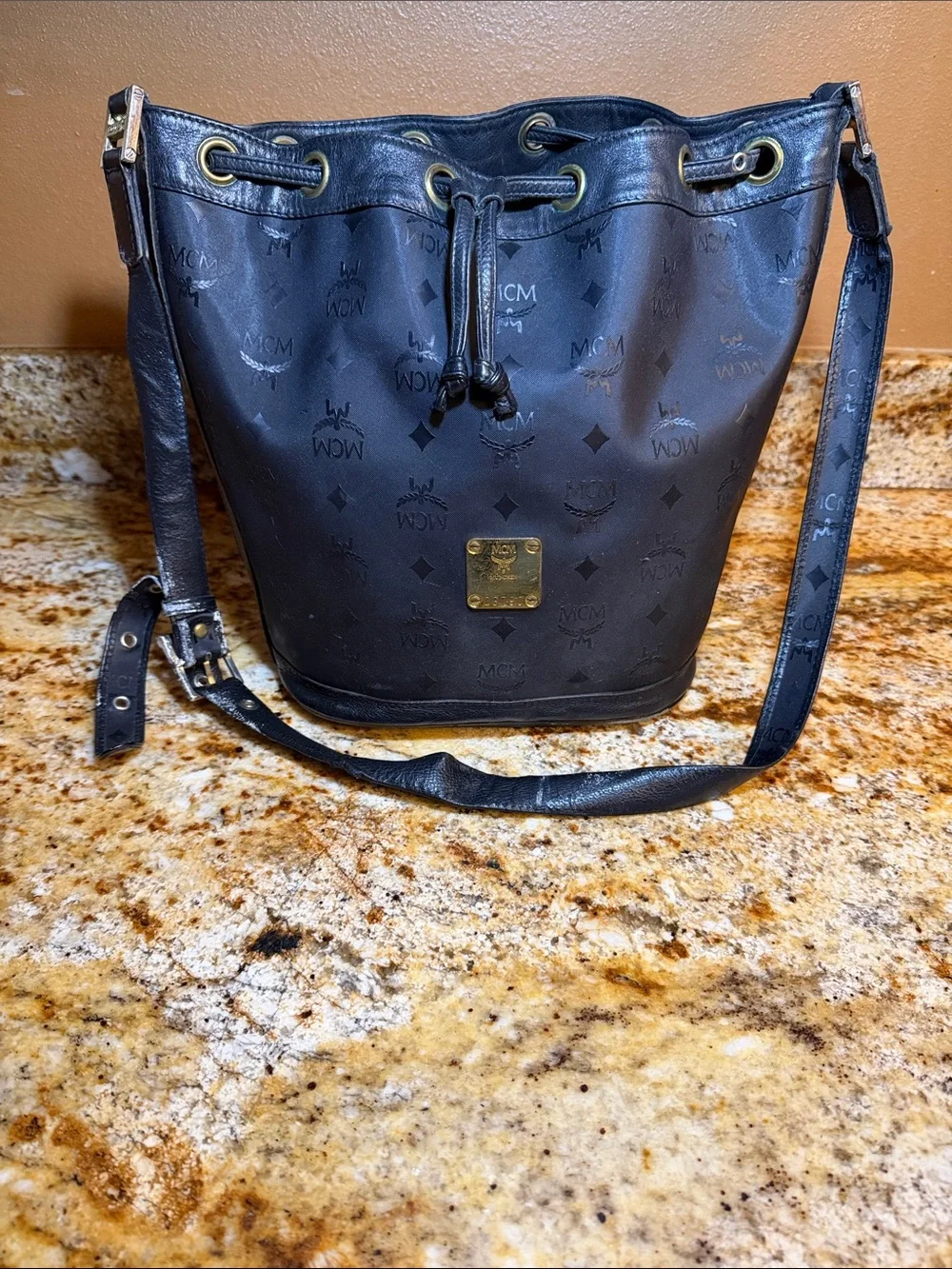 MCM Black Monogram Drawstring Bucket Hobo with Gold Plate